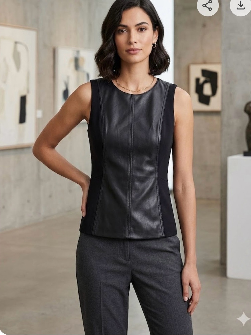 White House Black Market Black Leather-Front Sleeveless Top